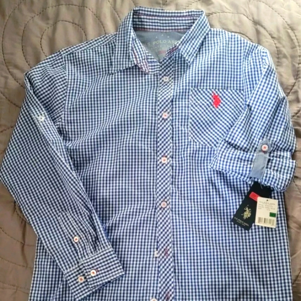 NEW U.S. Polo Assn. Long Sleeve Roll Up Button-Front Shirt Boys 14/16 Blue/white